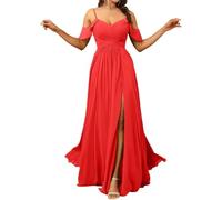 HPPEE Abito da damigella d'onore da donna con spalle scoperte e spacco, in chiffon, scollo a V, abito da sera formale, Rosso, 42
