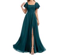 HPPEE Abito da damigella d'onore da donna in chiffon con maniche a fessura pieghettato una linea formale abito da sera abito da sera, Foglia di t, 52 Più