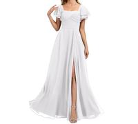 HPPEE Abito da damigella d'onore da donna in chiffon con maniche a fessura pieghettato una linea formale abito da sera abito da sera, bianco, 64 Più
