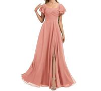 HPPEE Abito da damigella d'onore da donna in chiffon con maniche a fessura pieghettato una linea formale abito da sera abito da sera, Corallo, 64 Più