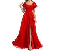 HPPEE Abito da damigella d'onore da donna in chiffon con maniche a fessura pieghettato una linea formale abito da sera abito da sera, Rosso, 60 Più