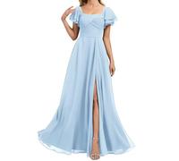 HPPEE Abito da damigella d'onore da donna in chiffon con maniche a fessura pieghettato una linea formale abito da sera abito da sera, Azzurro, 52 Più