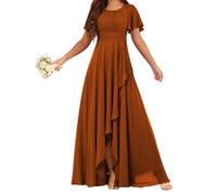 HPPEE Abito da damigella d'onore da donna in chiffon con maniche increspate pieghettate scollo rotondo una linea formale abito da sera, Arancione bruciato, 42