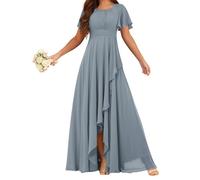 HPPEE Abito da damigella d'onore da donna in chiffon con maniche increspate pieghettate scollo rotondo una linea formale abito da sera, Blu polvere., 64 Più