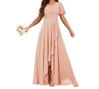 HPPEE Abito da damigella d'onore da donna in chiffon con maniche increspate pieghettate scollo rotondo una linea formale abito da sera, Rosa cipria, 38