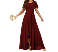 HPPEE Abito da damigella d'onore da donna in chiffon con maniche increspate pieghettate scollo rotondo una linea formale abito da sera, Borgogna, 58 Più