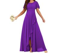 HPPEE Abito da damigella d'onore da donna in chiffon con maniche increspate pieghettate scollo rotondo una linea formale abito da sera, Viola, 44
