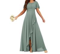 HPPEE Abito da damigella d'onore da donna in chiffon con maniche increspate pieghettate scollo rotondo una linea formale abito da sera, Eucalipto, 50