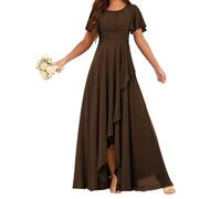 HPPEE Abito da damigella d'onore da donna in chiffon con maniche increspate pieghettate scollo rotondo una linea formale abito da sera, Marrone, 50