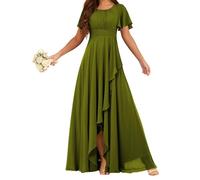 HPPEE Abito da damigella d'onore da donna in chiffon con maniche increspate pieghettate scollo rotondo una linea formale abito da sera, Verde oliva, 62 Più