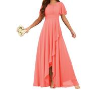 HPPEE Abito da damigella d'onore da donna in chiffon con maniche increspate pieghettate scollo rotondo una linea formale abito da sera, Corallo, 46