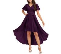 HPPEE Abito da damigella d'onore da donna in chiffon con maniche pieghettate alto basso scollo a V abito formale da sera abito da sera, Uva, 50