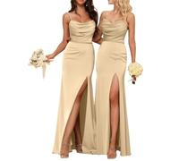 HPPEE Abito da damigella d'onore da donna, in raso, per matrimonio, collo ad anello, con spalline sottili, abito da sera lungo a sirena, formale, con spacco, Champagne, 38