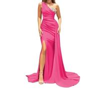HPPEE Abito da damigella d'onore della spalla della sirena Abito da sera lungo del raso vestito da cerimonia nuziale increspato con fessura WYX556, Rosa acceso, 42