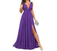 HPPEE Abito da damigella d'onore in chiffon con scollo a V e spacco plissettato corsetto lungo abito da sera formale, Viola, 46