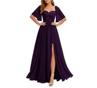 HPPEE Abito da damigella d'onore in chiffon da donna con maniche a fessura pieghettato scollo a cuore lungo abito da sera formale, Uva, 50