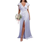 HPPEE Abito da damigella d'onore in raso con scollo a V con maniche a svolazzante per le donne una linea da spiaggia per gli ospiti di nozze abito formale, Lavanda, 54 Più