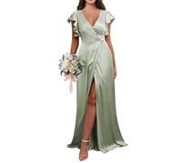 HPPEE Abito da damigella d'onore in raso con scollo a V con maniche a svolazzante per le donne una linea da spiaggia per gli ospiti di nozze abito formale, Salvia, 42