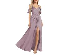 HPPEE Abito da damigella d'onore in raso con spalle scoperte e spacco, pieghettato, lungo, formale, abito da sera, Glicine, 24 Più