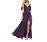 HPPEE Abito da damigella d'onore in raso con spalle scoperte e spacco, pieghettato, lungo, formale, abito da sera, prugna, 24 Più