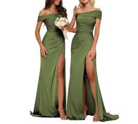 HPPEE - Abito da damigella d'onore in raso, sirena, con le spalle scoperte, da sera, per balli di fine anno, con spacco e strascico, modello WYX538, Verde oliva, 42