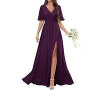 HPPEE Abito da donna a maniche corte con scollo a V, in chiffon, con spacco, pieghettato, lungo, formale, da sera, Uva, 50