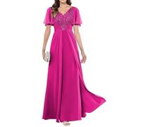 HPPEE Abito da donna con scollo a V per madre della sposa con applique in pizzo plissettato una linea lunga abito da sera formale, Rosa acceso, 64 Più