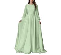 HPPEE Abito da donna in chiffon a maniche lunghe da damigella d'onore pieghettato una linea girocollo formale abito da sera, Verde menta, 50