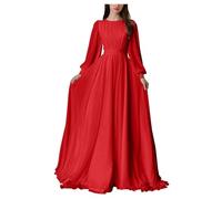 HPPEE Abito da donna in chiffon a maniche lunghe da damigella d'onore pieghettato una linea girocollo formale abito da sera, Rosso, 50