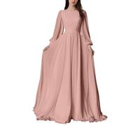HPPEE Abito da donna in chiffon a maniche lunghe da damigella d'onore pieghettato una linea girocollo formale abito da sera, Rosa polvere, 54 Più