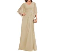HPPEE Abito da donna in chiffon con scollo a V, per madre della sposa, con maniche pieghettate, lungo, formale, abito da sera, Champagne, 58 Più