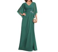 HPPEE Abito da donna in chiffon con scollo a V, per madre della sposa, con maniche pieghettate, lungo, formale, abito da sera, Pavone, 38