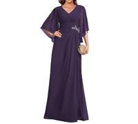 HPPEE Abito da donna in chiffon con scollo a V, per madre della sposa, con maniche pieghettate, lungo, formale, abito da sera, Viola, 50