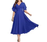 HPPEE Abito da donna in chiffon con scollo a V per madre della sposa, lunghezza tè con maniche, abito da sera formale, Blu reale, 46