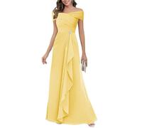 HPPEE Abito da donna in chiffon con spalle scoperte per la madre della sposa, abito da sera lungo a pieghe, Giallo, 54 Più