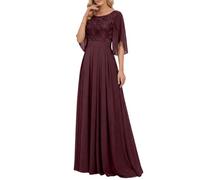 HPPEE Abito da donna in chiffon per madre della sposa con maniche in pizzo applique girocollo abito da sera formale, Borgogna, 50