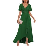 HPPEE Abito da donna in chiffon per madre della sposa con maniche pieghettate in pizzo applique chiffon abito da sera formale, Verde smeraldo, 24 Più