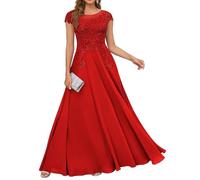 HPPEE Abito da donna in pizzo con applique per madre della sposa, abito da sera lungo in chiffon con maniche a mantello, Rosso, 40