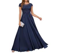 HPPEE Abito da donna in pizzo con applique per madre della sposa, abito da sera lungo in chiffon con maniche a mantello, blu navy, 24 Più