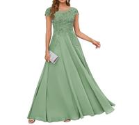 HPPEE Abito da donna in pizzo con applique per madre della sposa, abito da sera lungo in chiffon con maniche a mantello, Verde salvia, 64 Più