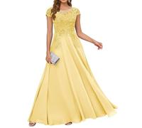 HPPEE Abito da donna in pizzo con applique per madre della sposa, abito da sera lungo in chiffon con maniche a mantello, Giallo, 64 Più