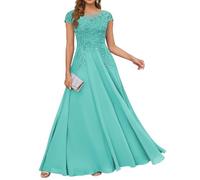 HPPEE Abito da donna in pizzo con applique per madre della sposa, abito da sera lungo in chiffon con maniche a mantello, Turchese, 40