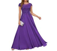 HPPEE Abito da donna in pizzo con applique per madre della sposa, abito da sera lungo in chiffon con maniche a mantello, Viola, 38