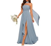 HPPEE Abito da donna senza spalline da damigella d'onore con fessura plissettata sciarpa una linea in chiffon abito da sera formale, Verde smeraldo, 54 Più