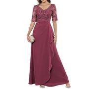 HPPEE Abito da sera da donna in chiffon con applique in pizzo e maniche increspate con scollo a V e maniche, Rosa del deserto, 50