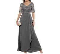 HPPEE Abito da sera da donna in chiffon con applique in pizzo e maniche increspate con scollo a V e maniche, Grigio, 50