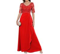 HPPEE Abito da sera da donna in chiffon con applique in pizzo e maniche increspate con scollo a V e maniche, Rosso, 50