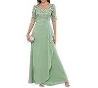 HPPEE Abito da sera da donna in chiffon con applique in pizzo e maniche increspate con scollo a V e maniche, Verde salvia, 50