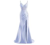 HPPEE Abito da sera da donna in raso con fessura in pizzo applique spalline sottili abito da sera formale, Lavanda, 50