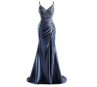 HPPEE Abito da sera da donna in raso con fessura in pizzo applique spalline sottili abito da sera formale, blu navy, 50